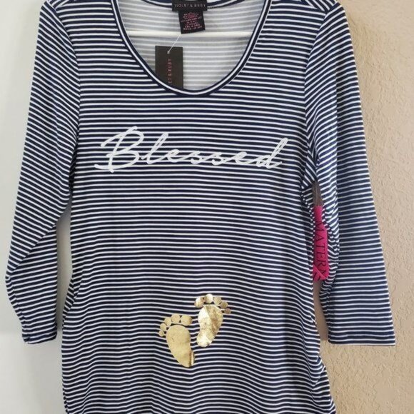 Violet & Ruby Maternity Top M Navy White Stripe 3/4 Sleeve Stretch NWT - Picture 1 of 9